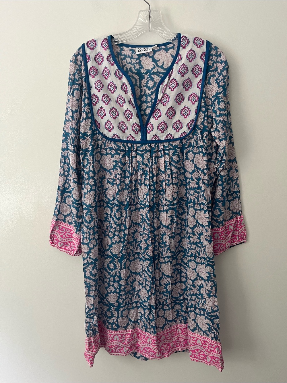 SZ Blockprint Tuckernuck Jaipur Indian Peasant Floral Shift Hippie Dress Medium